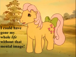 Size: 961x720 | Tagged: safe, edit, edited screencap, editor:korora, imported from derpibooru, screencap, posey, my little pony 'n friends, the magic coins, bow, g1, reaction image, speech, tail, tail bow, talking, text, too much information, tree