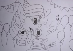 Size: 3180x2248 | Tagged: safe, artist:tanahgrogot, imported from derpibooru, oc, oc only, oc:annisa trihapsari, earth pony, pony, balloon, birthday, birthday cake, cake, female, food, hat, heart, indonesia, looking at you, mare, one eye closed, open mouth, party hat, solo, traditional art