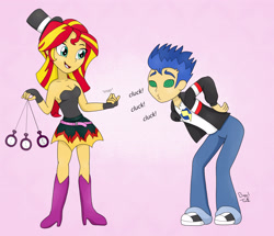 Size: 2970x2550 | Tagged: safe, artist:bageloftime, imported from derpibooru, flash sentry, sunset shimmer, equestria girls, behaving like a chicken, breasts, clothes, dress, female, finger snap, flashimmer, hat, hypnosis, hypnotist, male, pendulum swing, pocket watch, shipping, straight, swirly eyes