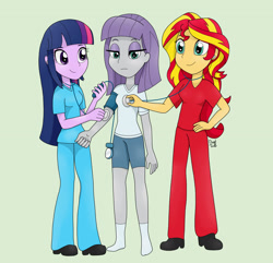 Size: 2640x2550 | Tagged: safe, artist:bageloftime, imported from derpibooru, maud pie, sunset shimmer, twilight sparkle, equestria girls, checkup, clothes, nurse, nurse shimmer, pajamas, scrubs, scrubs (gear), sphygmomanometer, stethoscope