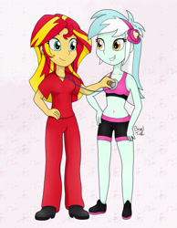 Size: 1980x2550 | Tagged: safe, artist:bageloftime, imported from derpibooru, lyra heartstrings, sunset shimmer, equestria girls, checkup, clothes, scrubs, shorts, sports bra, sports shorts, stethoscope