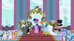 Size: 1280x718 | Tagged: safe, artist:swiftgaiathebrony, imported from derpibooru, bow hothoof, rainbow dash, rumble, scootaloo, spike, thunderlane, twilight sparkle, windy whistles, alicorn, dragon, pegasus, pony, female, floral head wreath, flower, male, marriage, rumbloo, shipping, straight, thunderdash, twilight sparkle (alicorn), wedding, windyhoof