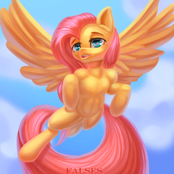 Size: 2000x2000 | Tagged: safe, artist:falses, imported from derpibooru, fluttershy, pegasus, semi-anthro, adorasexy, cloud, cute, daaaaaaaaaaaw, digital art, eyes open, fangs, female, high res, legs, mare, open mouth, sexy, shading, shyabetes, simple background, sky, solo, spread wings, thighs, wings