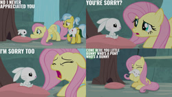 Size: 1280x720 | Tagged: safe, edit, edited screencap, editor:quoterific, imported from derpibooru, screencap, angel bunny, doctor fauna, fluttershy, earth pony, pegasus, pony, rabbit, season 9, she talks to angel, animal, apology, body swap, eyes closed, female, floppy ears, male, mare, open mouth, smiling