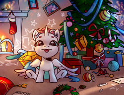 Size: 2200x1700 | Tagged: safe, artist:nancy-05, imported from derpibooru, princess flurry heart, twilight sparkle, oc, alicorn, pony, baby, baby pony, candle, candy, candy cane, christmas, christmas ornament, christmas tree, cute, decoration, fire, fireplace, foal, food, holiday, ocbetes, present, solo, tree, wreath