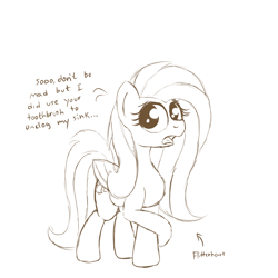 Size: 2000x2000 | Tagged: safe, artist:dafiltafish, imported from derpibooru, flitterheart, pegasus, pony, dialogue, female, mare, monochrome, sketch, solo