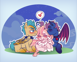 Size: 1494x1193 | Tagged: safe, artist:ebiruchan, imported from derpibooru, oc, bat pony, pegasus, bat pony oc, cute, group sex, kissing, pegasus oc, threesome