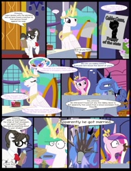 Size: 1042x1364 | Tagged: safe, artist:dendoctor, imported from derpibooru, princess cadance, princess celestia, princess luna, raven, alicorn, pony, unicorn, comic:dusk shine in pursuit of happiness, alicorn triarchy, breakfast, cake, cakelestia, chair, clipboard, coffee, cup, flower, food, glasses, grumpy, implied dusk shine, implied wedding, magic, pancakes, ravenbetes, s1 luna, smiling, spit take, spitting, surprised, telekinesis, vase, window