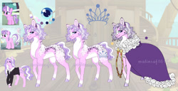 Size: 1280x656 | Tagged: safe, artist:malinraf1615, imported from derpibooru, diamond tiara, earth pony, pony, clothes, coat markings, dappled, dress, female, mare, older, reference sheet, solo