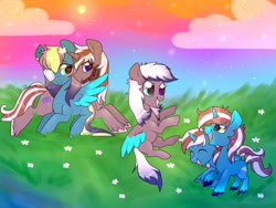 Size: 2592x1944 | Tagged: safe, artist:kaikururu, imported from derpibooru, oc, oc only, pegasus, pony, unicorn, colored wings, eyepatch, eyes closed, grass, grin, horn, outdoors, pegasus oc, smiling, two toned wings, unicorn oc, unshorn fetlocks, wings