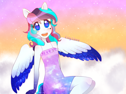 Size: 1400x1050 | Tagged: safe, artist:kaikururu, imported from derpibooru, oc, oc only, anthro, pegasus, :d, clothes, cloud, colored wings, dress, female, on a cloud, open mouth, open smile, outdoors, pegasus oc, signature, sitting, smiling, solo, stars, two toned wings, wings