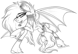 Size: 2793x1917 | Tagged: safe, artist:beamybutt, imported from derpibooru, oc, oc only, bat pony, pony, bat pony oc, bat wings, ear fluff, forked tongue, hoof fluff, lineart, male, monochrome, raised hoof, simple background, stallion, white background, wings