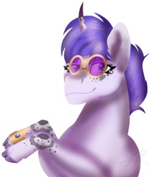 Size: 1256x1469 | Tagged: safe, artist:teonnakatztkgs, imported from derpibooru, oc, oc only, pony, unicorn, female, horn, mare, simple background, smiling, solo, sunglasses, unicorn oc, white background