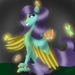 Size: 1500x1500 | Tagged: safe, artist:teonnakatztkgs, imported from derpibooru, oc, oc only, butterfly, pegasus, pony, chest fluff, colored wings, ethereal mane, grin, hoof polish, pegasus oc, smiling, solo, starry mane, two toned wings, wings