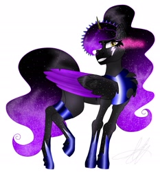 Size: 1350x1449 | Tagged: safe, artist:teonnakatztkgs, imported from derpibooru, oc, oc only, alicorn, pony, colored wings, ethereal mane, eyelashes, female, grin, hoof shoes, mare, peytral, signature, simple background, smiling, solo, sombra eyes, starry mane, two toned wings, white background, wings