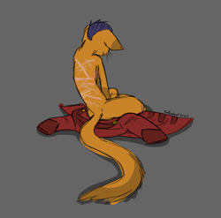 Size: 1200x1187 | Tagged: safe, artist:sateenkaarikyy, imported from derpibooru, capper dapperpaws, abyssinian, ass, butt, clothes, gray background, male, scar, simple background, sitting, solo