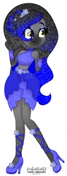 Size: 575x1508 | Tagged: safe, artist:teonnakatztkgs, imported from derpibooru, oc, oc only, equestria girls, base used, clothes, dress, ethereal mane, eyelashes, female, high heels, shoes, signature, simple background, smiling, solo, starry mane, white background