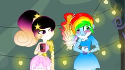 Size: 1437x807 | Tagged: safe, artist:teonnakatztkgs, edit, edited screencap, imported from derpibooru, screencap, oc, oc only, equestria girls, legend of everfree, base, base used, duo, multicolored hair, rainbow hair, smiling, smirk