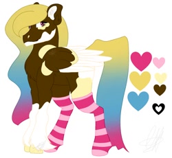 Size: 1500x1378 | Tagged: safe, artist:teonnakatztkgs, imported from derpibooru, oc, oc only, pegasus, pony, clothes, heart, pansexual, pegasus oc, simple background, socks, solo, stockings, striped socks, thigh highs, white background
