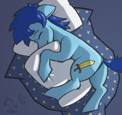 Size: 1174x1113 | Tagged: safe, alternate version, artist:tsswordy, imported from derpibooru, oc, oc only, oc:swordy, earth pony, pony, butt, floppy ears, hug, male, pillow, pillow hug, plot, simple background, sleeping, solo