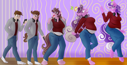 Size: 4853x2500 | Tagged: safe, artist:sixes&sevens, imported from derpibooru, screwball, anthro, human, unguligrade anthro, belly, cellphone, clothes, grin, hat, headphones, human to anthro, jacket, jeans, looking at you, male to female, pants, phone, propeller hat, rule 63, smiling, solo, sweater, transformation, transformation sequence, transgender transformation, waving, weight gain