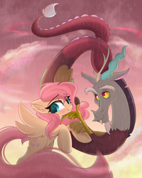 Size: 2875x3600 | Tagged: safe, artist:janelearts, imported from derpibooru, discord, fluttershy, draconequus, pegasus, pony, blushing, duo, eye clipping through hair, eyebrows, eyebrows visible through hair, female, heart eyes, high res, male, mare, rain, smiling, spread wings, wingding eyes, wings