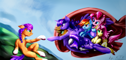 Size: 5980x2860 | Tagged: safe, artist:ktk's sky, imported from derpibooru, applejack, fluttershy, pinkie pie, rainbow dash, rarity, sunny starscout, twilight sparkle, alicorn, earth pony, pegasus, pony, unicorn, absurd resolution, female, fine art parody, g4, g5, mane six, mare, my little pony: a new generation, sky, smiling, the creation of adam, twilight sparkle (alicorn), wings