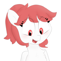 Size: 1329x1329 | Tagged: safe, artist:cherro, imported from derpibooru, oc, oc only, oc:high diving, pony, blushing, bust, chest fluff, eye clipping through hair, eyebrows, eyebrows visible through hair, open mouth, red eyes, red mane, simple background, solo, transparent background