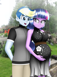 Size: 1400x1900 | Tagged: safe, artist:aryatheeditor, imported from derpibooru, sci-twi, twilight sparkle, oc, oc:velodash, equestria girls, bare shoulders, beautiful, bedroom eyes, canon x oc, clothes, couple, cute, digital art, dress, element of magic, female, geode of telekinesis, glasses, gloves, headcanon, magical geodes, male, offspring, outfit, parent:oc:velodash, parent:sci-twi, parents:canon x oc, powerful sparkle, pregnant, pregnant equestria girls, purple hair, real life background, shipping, sleeveless, sleeveless dress, sleeveless turtleneck, smiling, straight, twiabetes