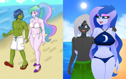 Size: 3180x2014 | Tagged: safe, artist:stubbornstallion, artist:xan-gelx, edit, imported from derpibooru, princess celestia, princess luna, oc, oc:night quill, oc:rally flag, equestria girls, age difference, arm behind back, beach, belly button, bikini, bikini bottom, bikini top, blue bikini, blue swimsuit, breasts, busty princess celestia, busty princess luna, canon x oc, clothes, cougar, couple, curvy, eyelashes, eyeshadow, feet, female, flip-flops, footprint, halter top, hand on shoulder, hand on waist, height difference, holding, holding hands, hourglass figure, larger female, lips, luill, makeup, male, midriff, partial nudity, principal, principal and student, principal celestia, rallylestia, sand, sandals, scar, sexy, shipping, shorts, siblings, sisters, size difference, straight, student, sun, swimming trunks, swimsuit, thighs, topless, vice principal luna, water, white bikini, white swimsuit, wide hips