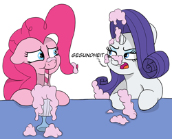 Size: 1918x1554 | Tagged: safe, artist:doodledonutart, imported from derpibooru, pinkie pie, rarity, earth pony, pony, unicorn, blue eyes, comic, dialogue, duo, duo female, ears back, eye contact, female, german, hooves, horn, looking at each other, looking at someone, mare, milkshake, open mouth, pink mane, simple background, sneezing, white background