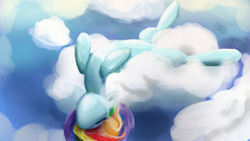 Size: 9600x5400 | Tagged: safe, artist:rainsketch, imported from derpibooru, rainbow dash, pegasus, pony, absurd file size, absurd resolution, cloud, hooves to the chest, lying down, on a cloud, on back, sleeping, sleeping on a cloud, solo