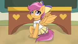 Size: 6324x3584 | Tagged: safe, artist:enviaart, imported from derpibooru, scootaloo, pegasus, pony, absurd resolution, bow, cheerleader, cheerleader outfit, clothes, cute, cutealoo, desk, female, hair bow, looking at you, raised hoof, sitting, smiling, smiling at you, solo, spread wings, wings