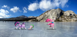 Size: 1024x495 | Tagged: safe, artist:willyvwj, imported from derpibooru, pinkie pie, spike, twilight sparkle, dragon, earth pony, pony, unicorn, ice, ice skates, ice skating, irl, lake, mountain, photo, ponies in real life, real life background, skates, unicorn twilight, water