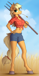 Size: 1220x2387 | Tagged: safe, artist:yakovlev-vad, imported from derpibooru, applejack, anthro, earth pony, unguligrade anthro, belly button, breasts, busty applejack, clothes, female, front knot midriff, looking at you, midriff, pitchfork, shorts, solo, straw in mouth