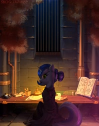 Size: 2300x2900 | Tagged: safe, artist:shido-tara, imported from derpibooru, oc, oc only, pony, unicorn, book, clothes, commission, desk, female, frown, green eyes, high res, horn, looking at you, looking back, looking back at you, magic book, mare, mouth hold, pencil, rear view, scroll, sitting, solo, stone wall, unicorn oc