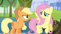 Size: 1920x1080 | Tagged: safe, imported from derpibooru, screencap, applejack, fluttershy, earth pony, pegasus, pony, keep calm and flutter on, season 3, angry, applejack's hat, cowboy hat, duo, duo female, eye contact, female, flying, frown, hat, looking at each other, looking at someone, mare, stetson