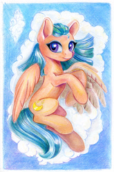 Size: 792x1200 | Tagged: safe, artist:maytee, imported from derpibooru, somnambula, pegasus, pony, cloud, egyptian, egyptian pony, female, looking at you, lying down, mare, missing accessory, on a cloud, on back, smiling, smiling at you, solo, spread wings, traditional art, wings