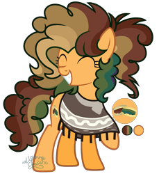 Size: 1771x1937 | Tagged: safe, artist:cheekycheesefan101, imported from derpibooru, oc, oc only, oc:chocolate cookie, earth pony, pony, ^^, clothes, earth pony oc, eyes closed, female, full body, grin, hooves, mare, multicolored mane, multicolored tail, offspring, parent:cheese sandwich, parent:lightning dust, poncho, raised hoof, show accurate, simple background, smiling, solo, standing, tail, transparent background