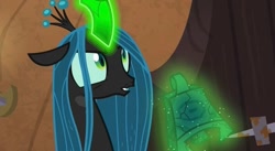 Size: 827x454 | Tagged: safe, imported from derpibooru, screencap, queen chrysalis, changeling, changeling queen, bell, female, grogar's bell
