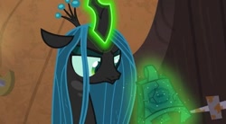Size: 827x456 | Tagged: safe, imported from derpibooru, screencap, queen chrysalis, changeling, changeling queen, frenemies (episode), bell, female, grogar's bell