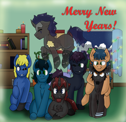 Size: 1280x1237 | Tagged: safe, artist:brushwork, imported from derpibooru, oc, oc only, oc:aerocuff, oc:bowline, oc:brushwork, oc:cloudcover, oc:ferrite, oc:rowlock, oc:tenere, earth pony, pegasus, pony, unicorn, group photo, holiday special, photo