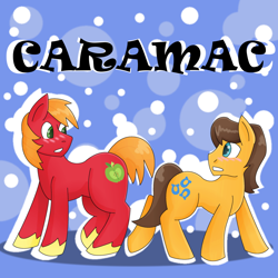 Size: 1000x1000 | Tagged: safe, artist:brushwork, imported from derpibooru, big macintosh, caramel, earth pony, pony, blushing, brown mane, brown tail, caramac, duo, duo male, eye contact, gay, hooves, looking at each other, looking at someone, looking back, male, shipping, stallion, tail, unshorn fetlocks