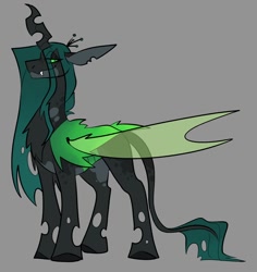 Size: 1018x1078 | Tagged: safe, artist:rockin_candies, imported from derpibooru, queen chrysalis, changeling, changeling queen, alternate design, chest fluff, crown, eye clipping through hair, eyebrows, eyebrows visible through hair, fangs, female, gray background, hair over one eye, horn, insect wings, jewelry, leonine tail, lidded eyes, regalia, simple background, smiling, smug, solo, tail, wings