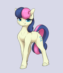 Size: 2808x3266 | Tagged: safe, artist:aquaticvibes, imported from derpibooru, bon bon, sweetie drops, earth pony, pony, blue eyes, eyelashes, female, full body, gray background, high res, hooves, looking at you, mare, simple background, smiling, smiling at you, solo, standing, tail, three quarter view, two toned mane, two toned tail