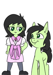 Size: 1000x1414 | Tagged: safe, alternate version, artist:happy harvey, edit, imported from derpibooru, oc, oc only, oc:filly anon, earth pony, human, pony, equestria girls, bow, clothes, colored pupils, dress, ear fluff, earth pony oc, female, filly, foal, humanized, looking at each other, looking at someone, looking down, looking sideways, looking up, phone drawing, pink dress, shoes, simple background, smiling, stockings, thigh highs, transparent background, unamused