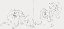 Size: 1413x636 | Tagged: safe, artist:dotkwa, imported from derpibooru, fluttershy, bird, pegasus, pony, black and white, chick, flutterpred, food, gray background, grayscale, meat, monochrome, out of character, ponies eating meat, puffy cheeks, simple background, sketch, solo, vore