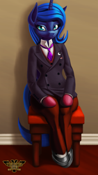 Size: 4320x7680 | Tagged: safe, artist:tsaritsaluna, imported from derpibooru, princess luna, alicorn, semi-anthro, absurd file size, absurd resolution, chair, clothes, female, gloves, jacket, looking at you, mare, necktie, pants, shoes, sitting, stool, suit, waistcoat