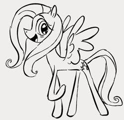 Size: 853x821 | Tagged: safe, artist:dotkwa, imported from derpibooru, fluttershy, pegasus, pony, gray background, grayscale, looking at you, monochrome, open mouth, open smile, simple background, smiling, smiling at you, solo, spread wings, wings