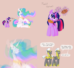 Size: 2302x2137 | Tagged: safe, artist:aragón, imported from derpibooru, princess celestia, twilight sparkle, alicorn, earth pony, pegasus, pony, unicorn, comic, cookie, cute, daaaaaaaaaaaw, female, filly, filly twilight sparkle, foal, food, height difference, high res, levitation, magic, male, mare, missing cutie mark, momlestia, mouth hold, pink background, royal guard, simple background, stallion, surprised, telekinesis, twiabetes, younger